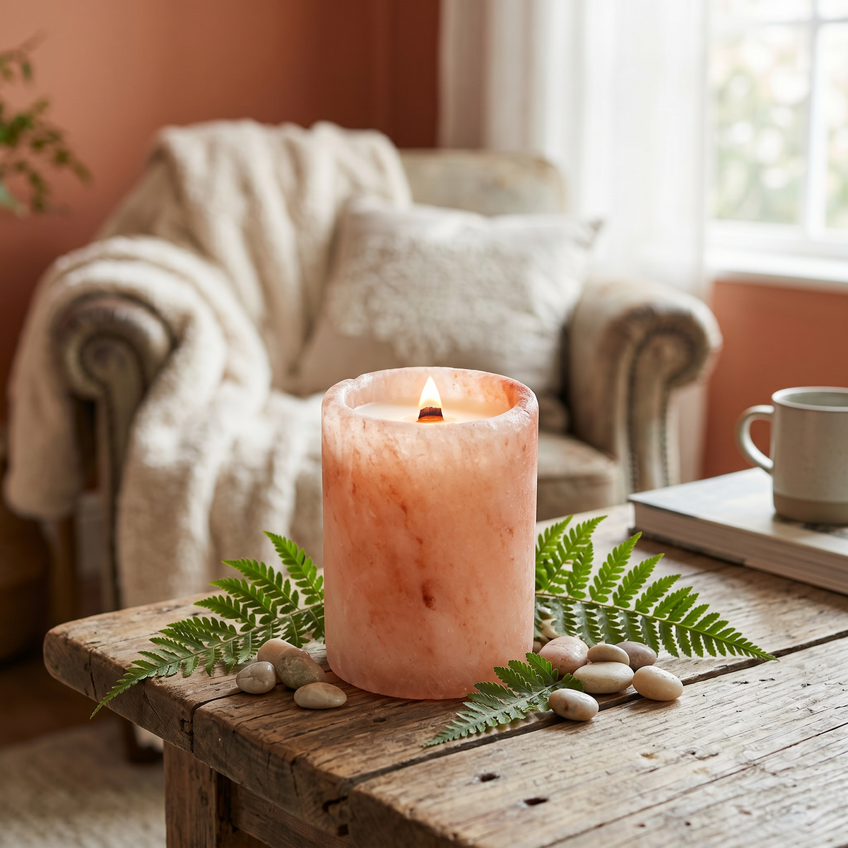 Tall Cylinder Pink Salt Poured Wax Candle Holder 6"