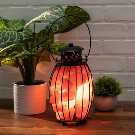 Black Iron Lantern Lamp w/ RED Salt Chunks 10.5"
