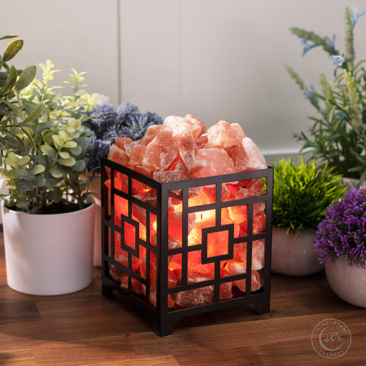 Square Iron Basket Lamp w/ RED Chunks 6"