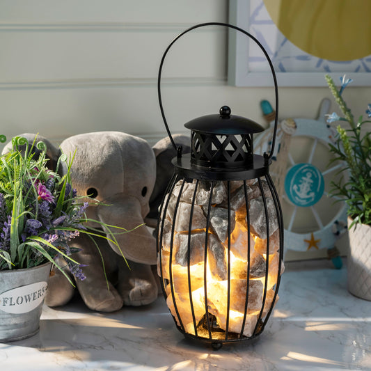 Black Iron Lantern Lamp w/ GRAY Salt Chunks 10.5"