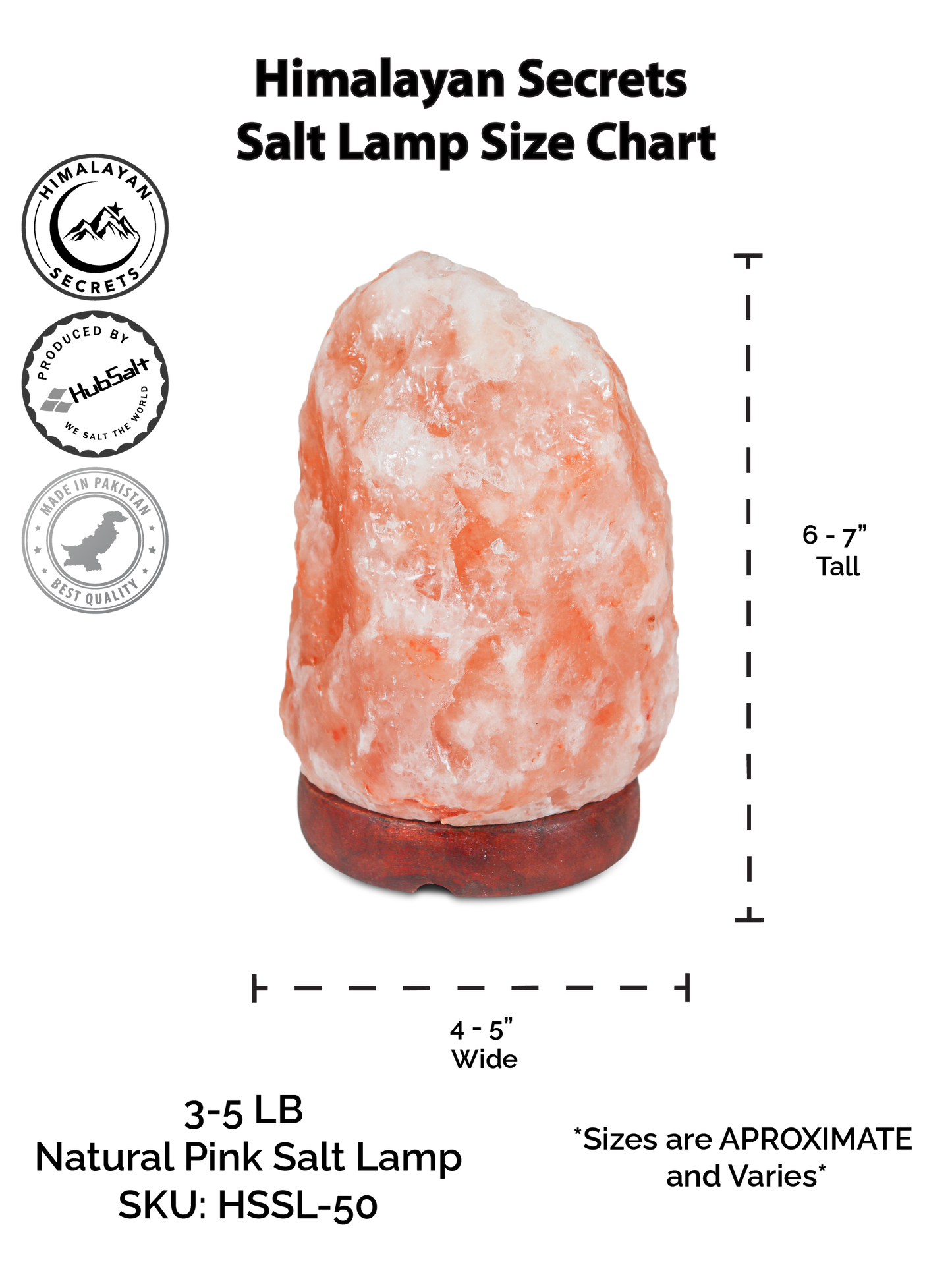Natural Pink Salt Lamp (3-5 lb) (1.5-2.25 KG) (6-7") w/ Wood Base