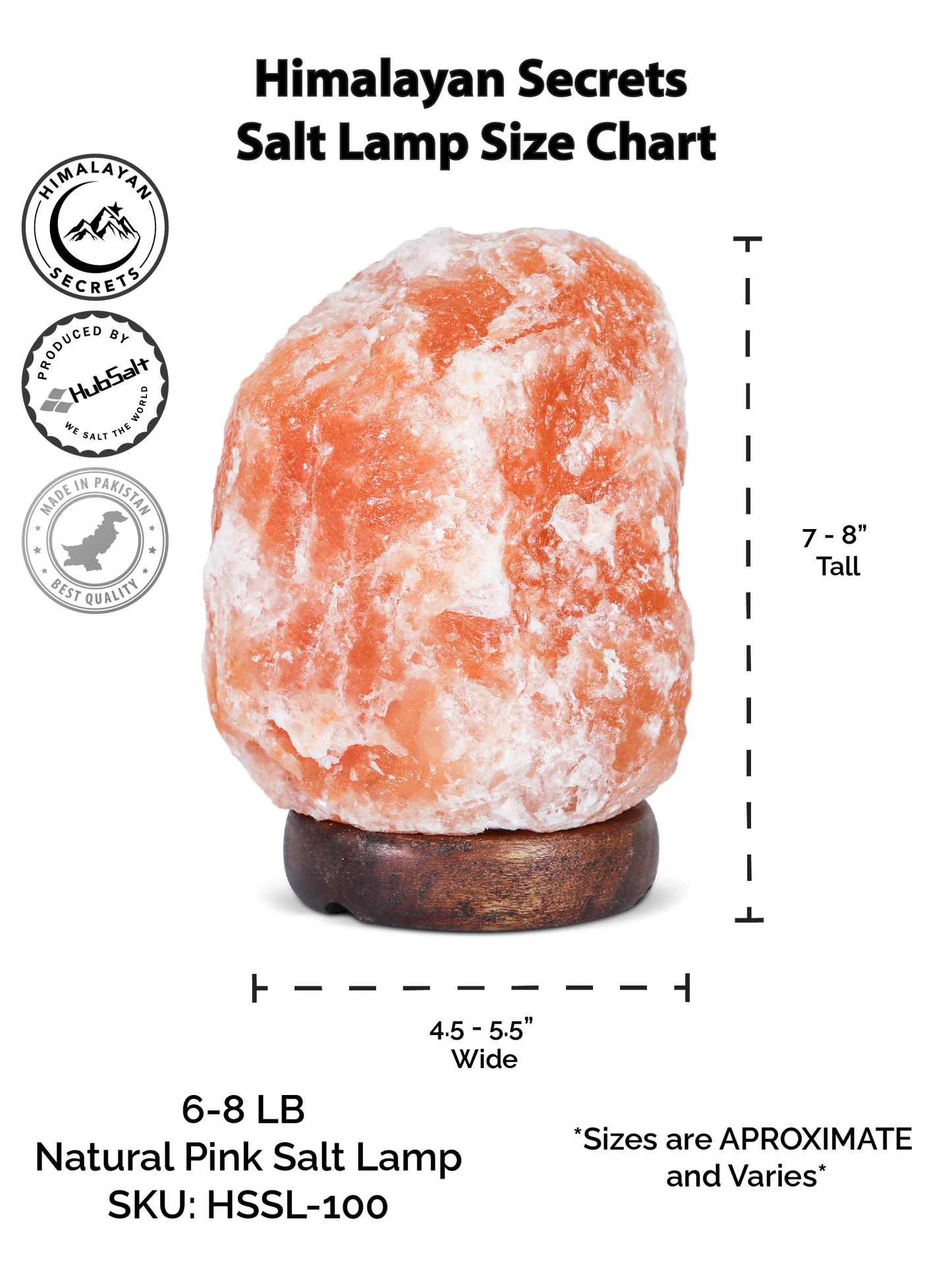 Natural Pink Salt Lamp (6-8 lb) (2.5-3.5 KG) (7-8") w/ Wood Base