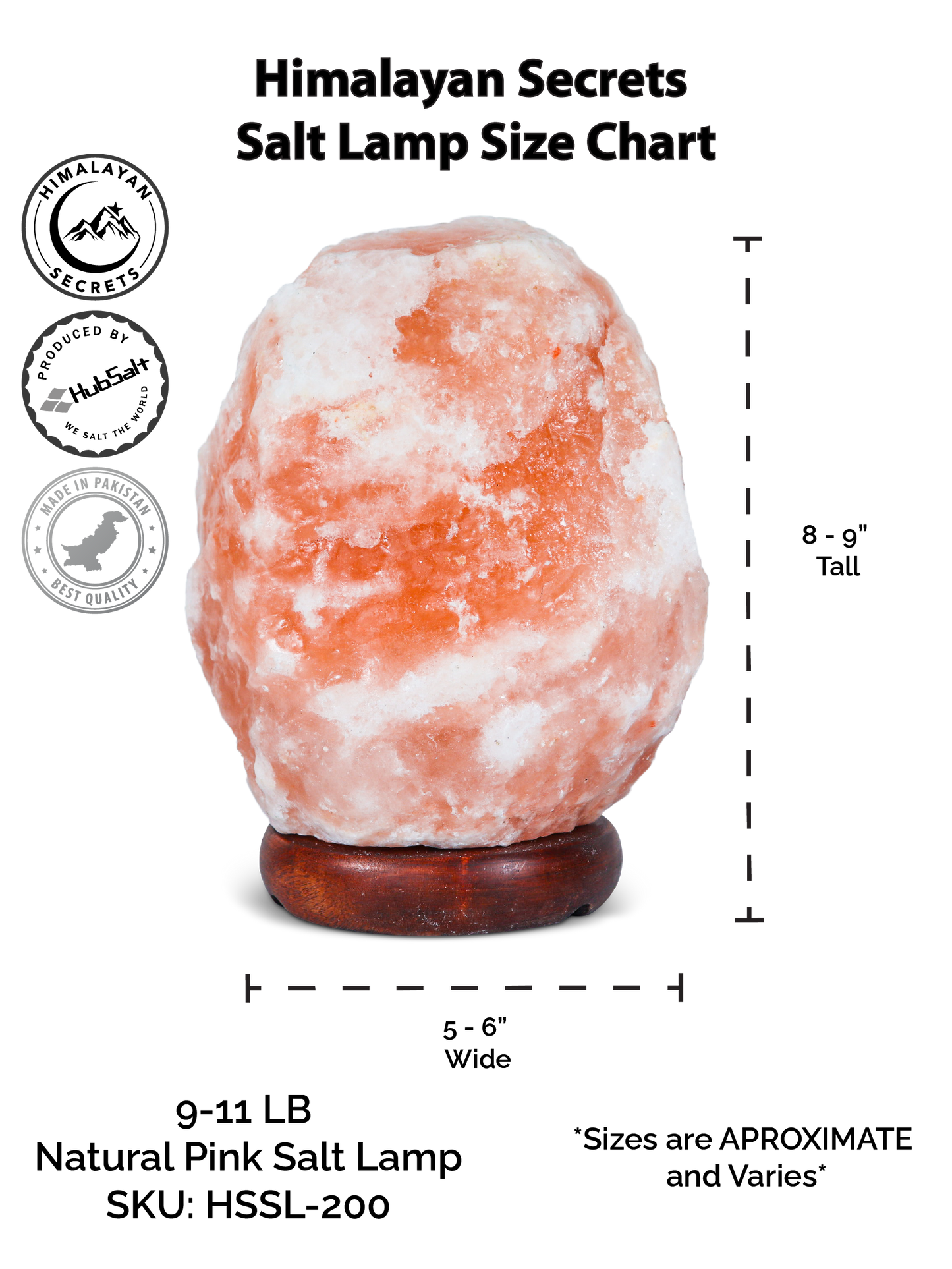 Natural Pink Salt Lamp (9-11 lb) (4-5 KG) (8-9") w/ Wood Base