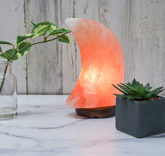 Pink Moon Shape Salt Lamp (5-6 lb) 9" Tall w/ Wood Base