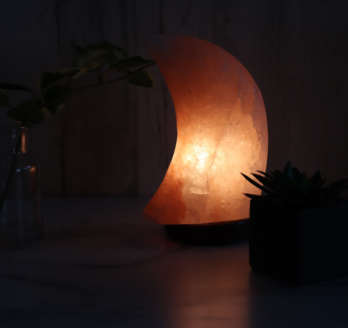 Pink Moon Shape Salt Lamp (5-6 lb) 9" Tall w/ Wood Base