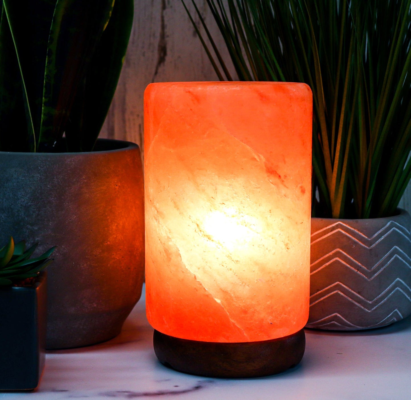 Pink Cylinder Shape Salt Lamp (8-9 lb) 8" Tall w/ Wood Base