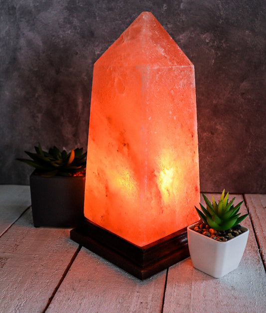 Pink Obelisk Salt Lamp (6-7 lb) 10" Tall w/ Wood Base