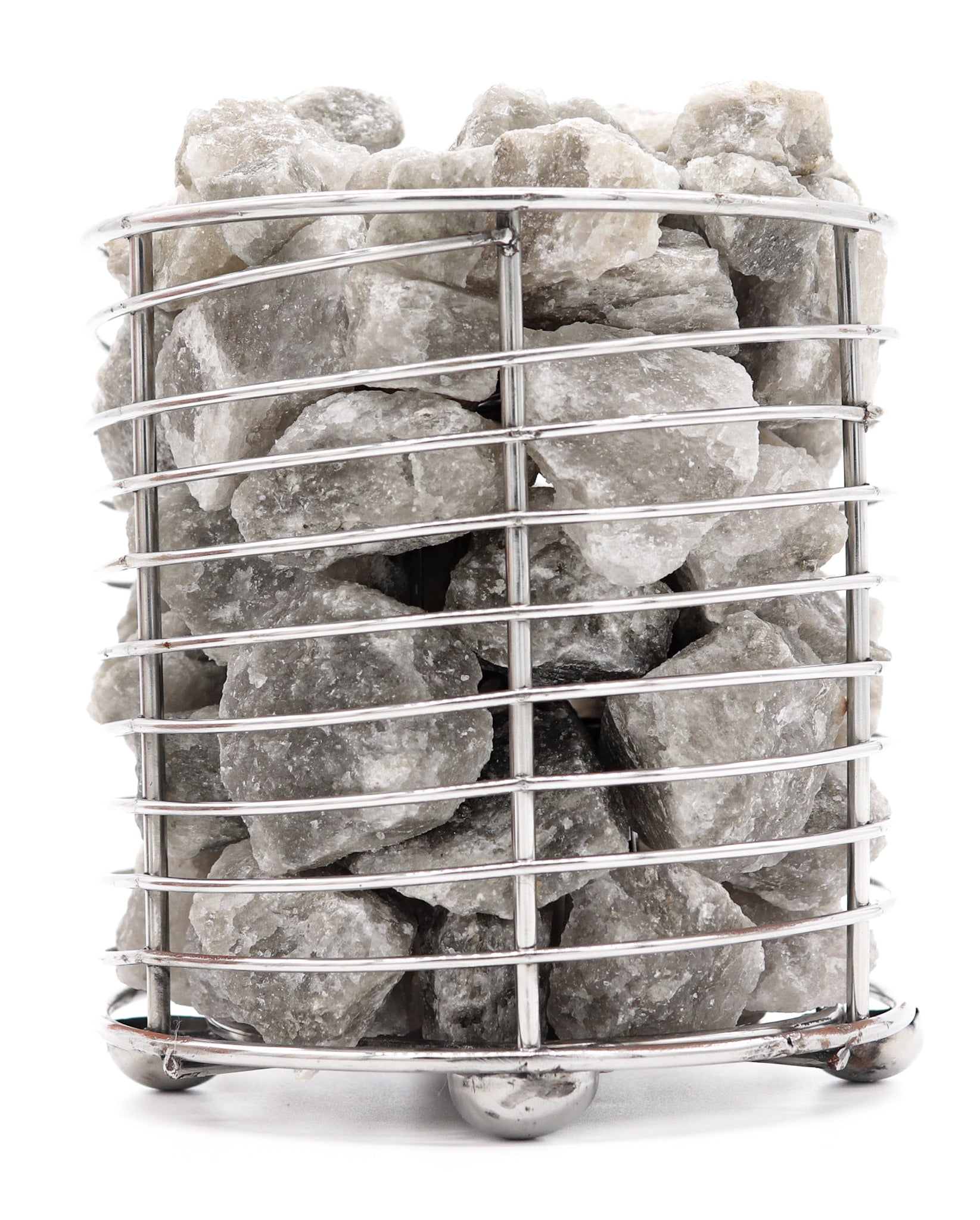 Stainless Steel Round Basket Lamp w/ GRAY Chunks 6"