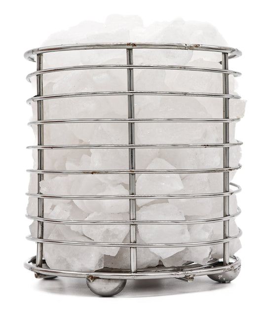 Stainless Steel Round Basket Lamp w/ WHITE Chunks 6"