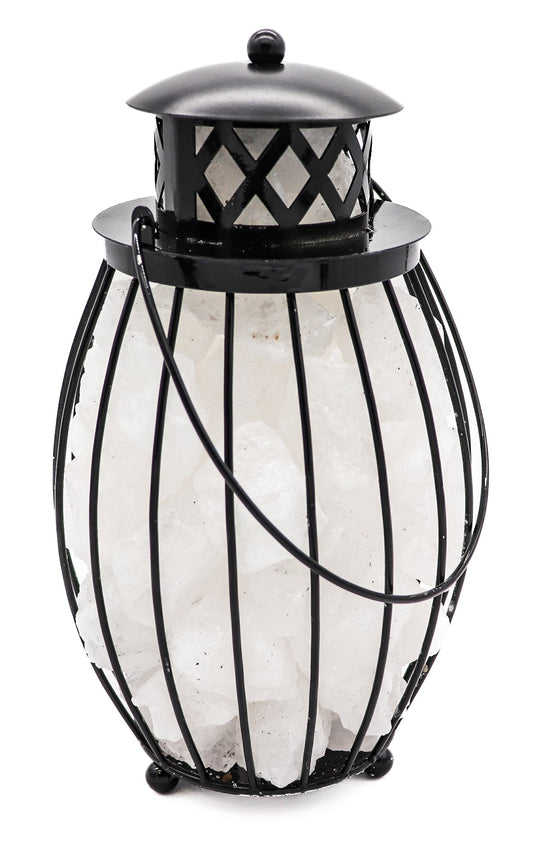 Black Iron Lantern Lamp w/ WHITE Salt Chunks 10.5"