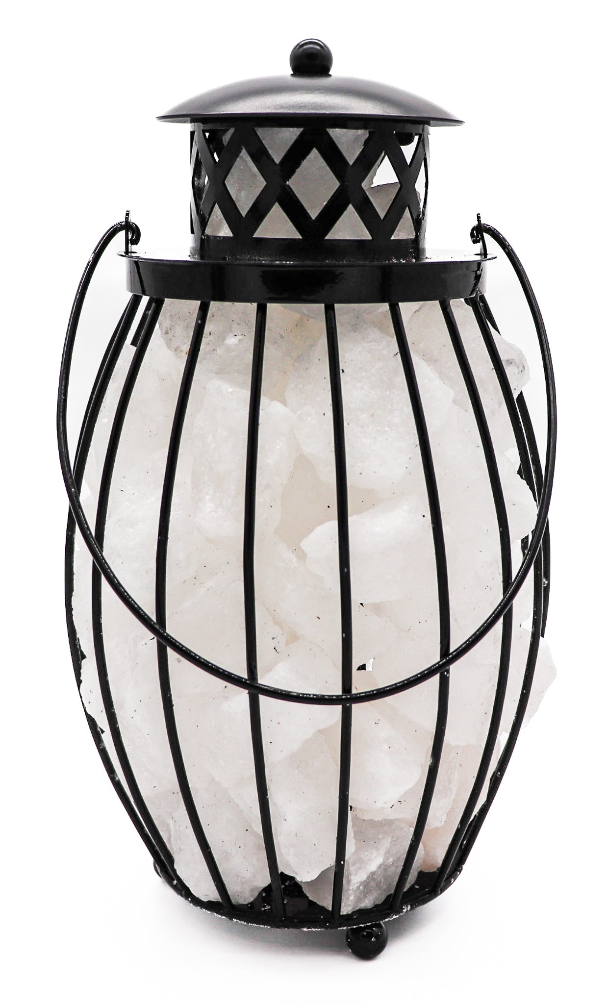 Black Iron Lantern Lamp w/ WHITE Salt Chunks 10.5"