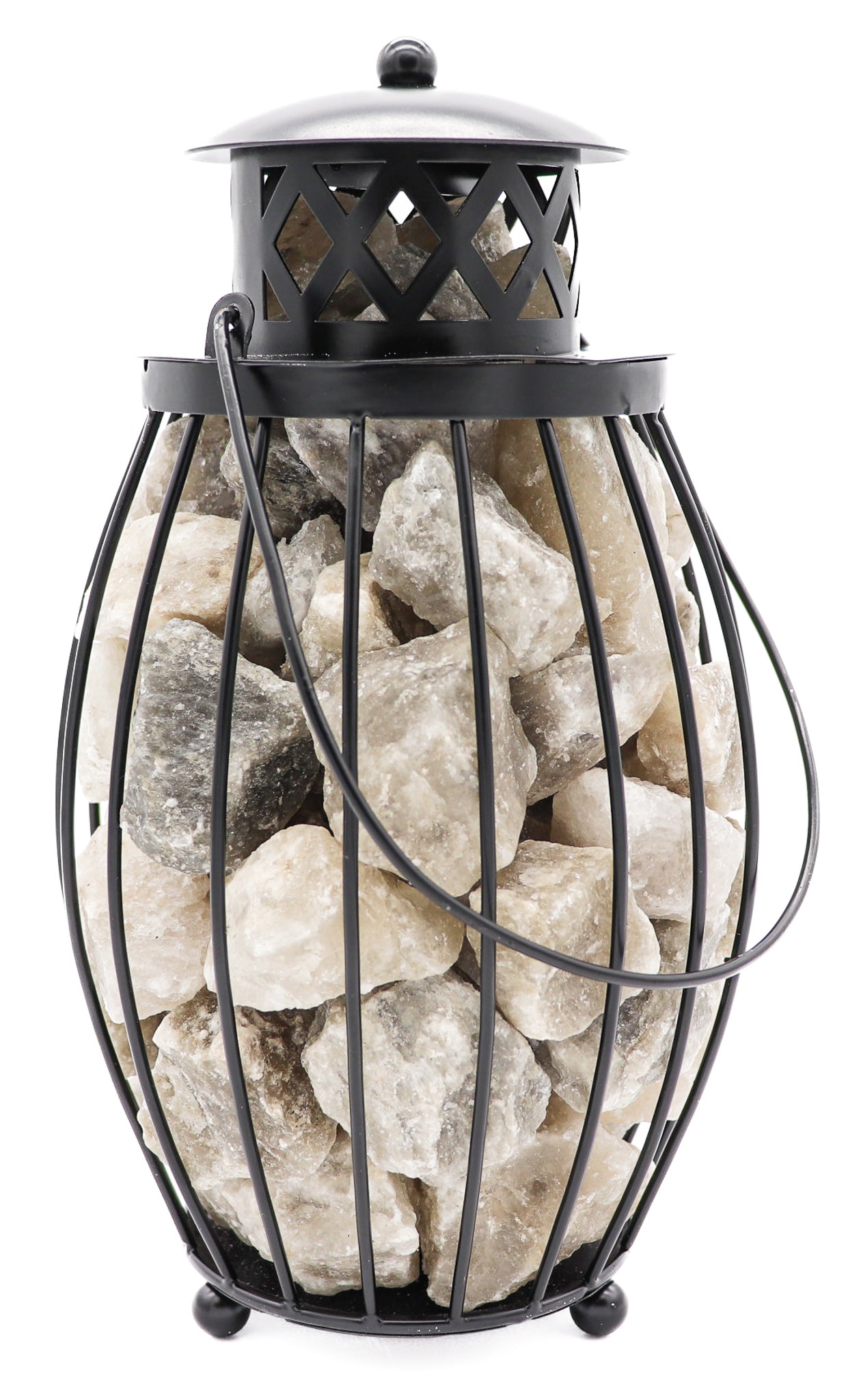 Black Iron Lantern Lamp w/ GRAY Salt Chunks 10.5"