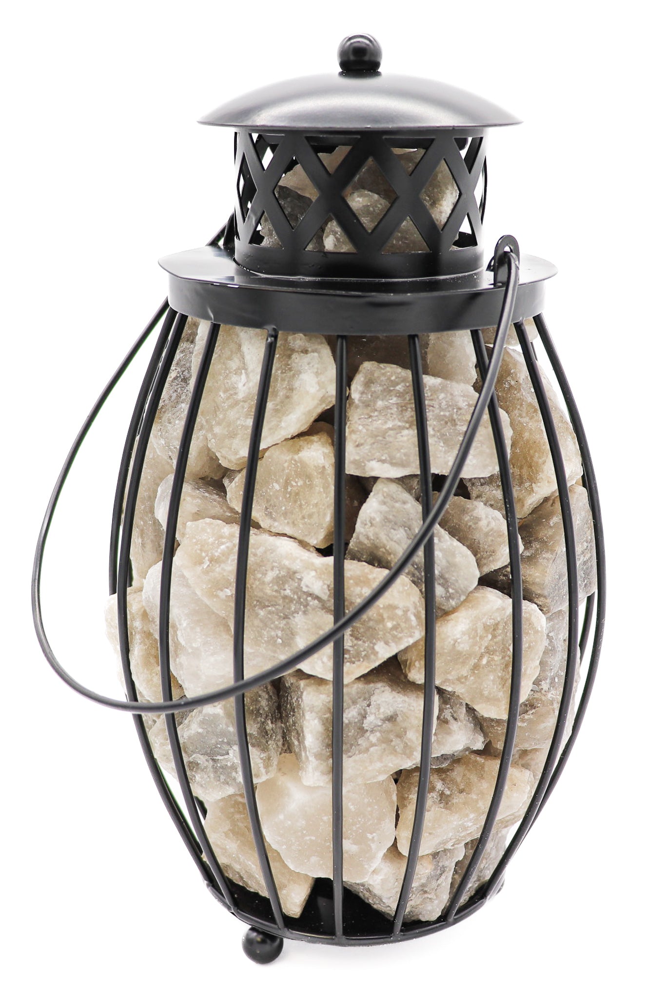 Black Iron Lantern Lamp w/ GRAY Salt Chunks 10.5"