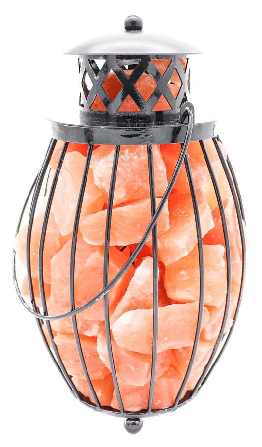 Black Iron Lantern Lamp w/ RED Salt Chunks 10.5"