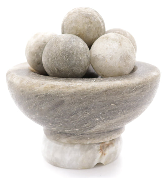 7" Gray Salt Massage Stone Bowl w/6 Gray Salt Balls (without metal cage) Gray Marble Base