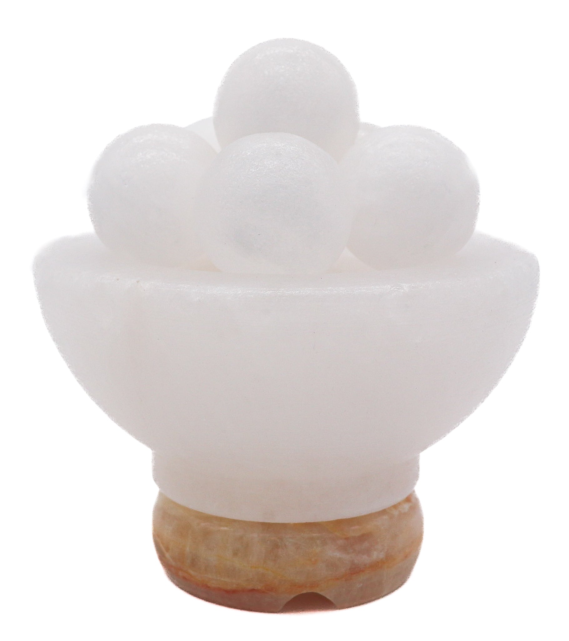 7" White Salt Massage Stone Bowl w/ 6 White Salt Balls (without metal cage) Onyx Marble Base