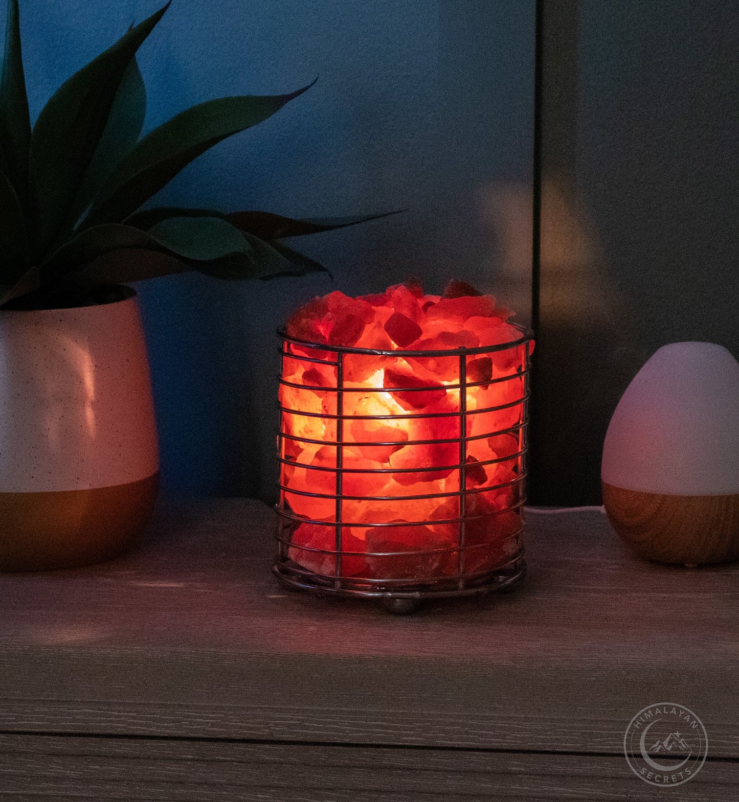 Stainless Steel Round Basket Lamp w/ RED Chunks 6"