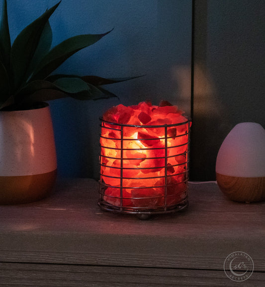 Stainless Steel Round Basket Lamp w/ RED Chunks 6"